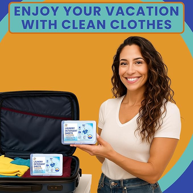 Travel Laundry Detergent Sheets for Hand or Machine Wash and Travel Clothesline – Compact Sink Washing Detergent & Indoor Outdoor Drying Line for Hotels, Cruises & Camping