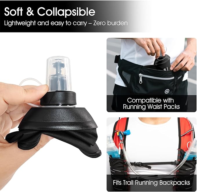 GYGYL Soft Flask, TPU Collapsible Soft Water Bottle for Hydration Pack, Running Vest, Leak-Proof Folding Water Bottle for Hiking Cycling Climbing Jogging-250ml Black, 2pcs