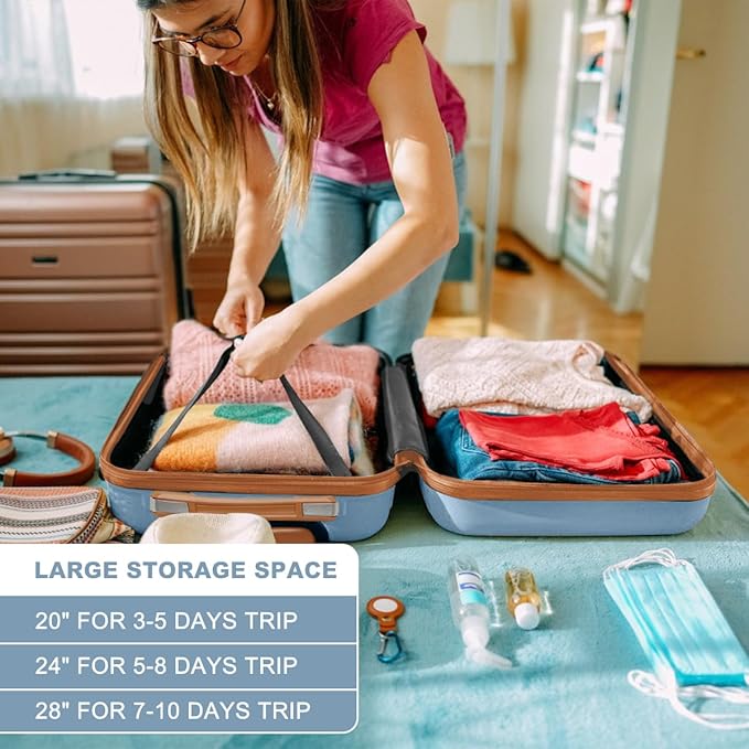 Kono 4 Piece Luggage Sets Expandable(only 28") Lightweight with Spinner Wheels TSA Lock Hardside Travel Rolling Suitcases 20in 24in 28in Carry on and 12in Mini Cosmetic Case Apricot Blue