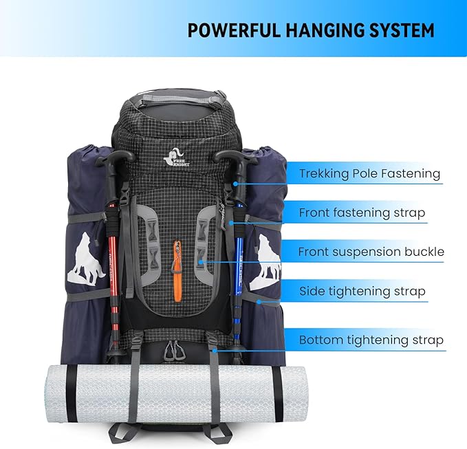 Bseash 80L Waterproof Hiking Camping Backpack with Rain Cover, Lightweight Outdoor Sport Travel Daypack for Climbing Touring (Black)