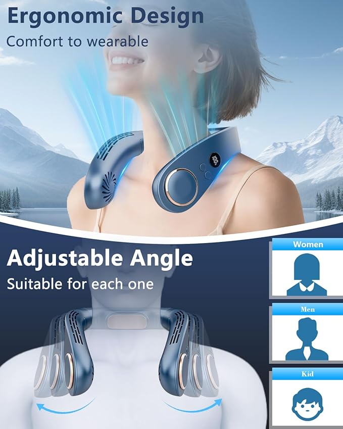 Neck Fan with Cooling Plate,5500mAh Neck Fans that Blow Cold Air Rechargeable Battery Operated,USB-C Bladeless Air Conditioner Cooling Plate AC Cooler,Quiet Head Wearable Hangs Around Neck Device Blue