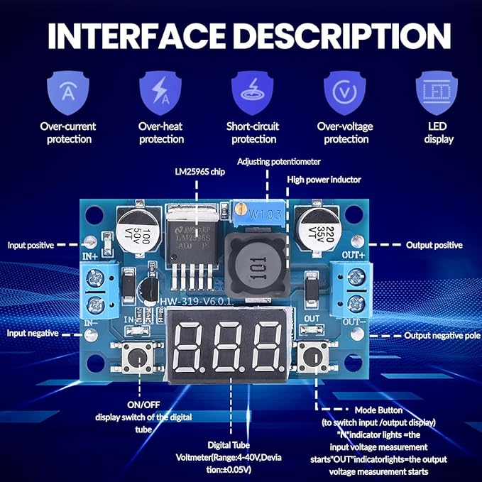 LM2596 Adjustable DC-DC Step-Down Buck Converter Module with LED Voltmeter Display, Voltage Regulator 4.0-40V Input to 1.25-37V Output Power Supply Module