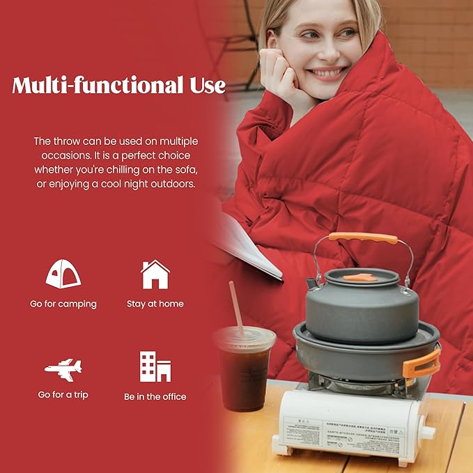 puredown® Lightweight Packable Couch Throw Soft Feather Down Throw Blanket for Indoor and Outdoor Use, 50"X70", Fiery Red