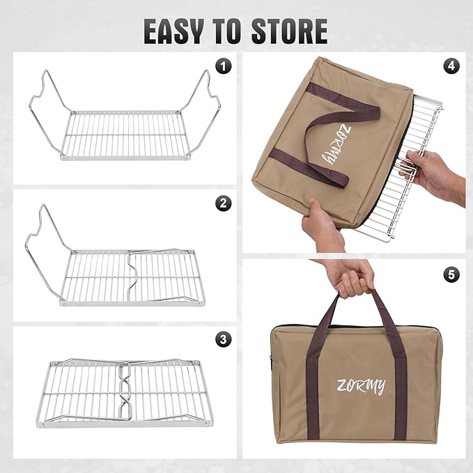 ZORMY 13" Folding Campfire Grill, 304 Stainless Steel Firepit Grill Grate, Heavy Duty Portable Camping Grill with Carrying Bag, Gas BBQ Grill Grate for Backpacking, Hiking, Picnics (Medium)