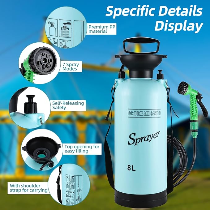 Finderomend Portable Shower for Camping with 7 Spray Modes, Hand Press Camping Shower with Removable Hose and Shower Head,Pressure Rinse Kits for Hiking Traveling Garden Beach Pet Shower