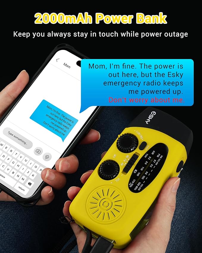 Esky Emergency Hand Crank Radio with 3 LED Flashlight, AM/FM/NOAA Portable Weather Radio with 2000mAh Power Bank Phone Charger, Solar Powered USB Charged Radio for Indoor Outdoor Camping, SOS Alarm