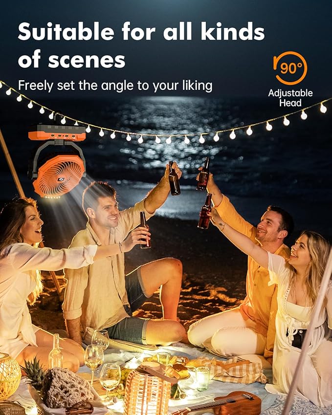 36000mAh Camping Fan - Detachable Rechargeable Battery Operated Fan with Light & Hook for Tent, Outdoor - USB Table Fan with 4 Speeds for Picnic, BBQ, Fishing, Travel, Hurricane