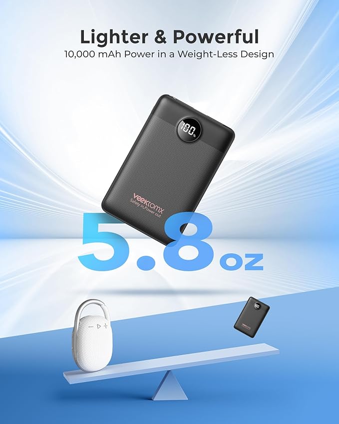 VEEKTOMX Small Portable Charger 10000mAh, Mini Power Bank 22.5W Fast Charging, Slim & Lightweight Travel Essentials, 3-Output External USB C Battery Pack Compatible with iPhone 17 16 15 (Dark Black)