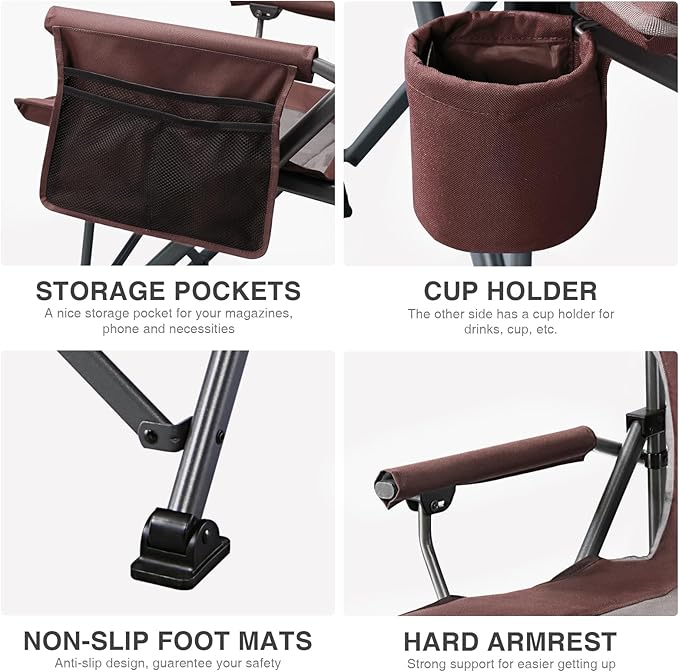 EVER ADVANCED Oversized Folding Camping Chair, for Adults Heavy Duty Lawn Chair with Side Pockets, Portable Collapsible Quad Chair for Outside, Support Up to 500lbs, Red