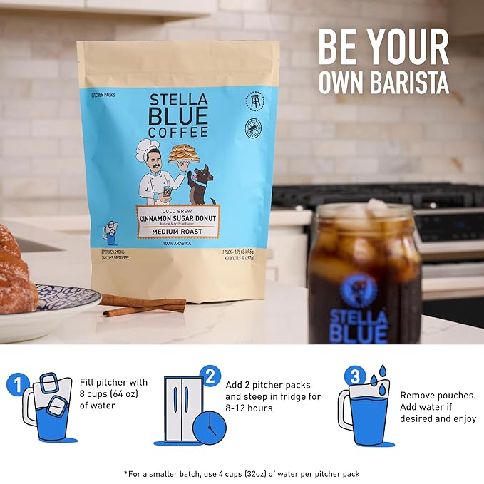Stella Blue Cold Brew Coffee Packets, Cinnamon Sugar Donut, Medium Roast Ground Coffee, Warm Cinnamon, Sweet Sugar and Donut Pastry Notes, 100% Arabica, 6 Brew Packets, Makes 24 Bold Cups