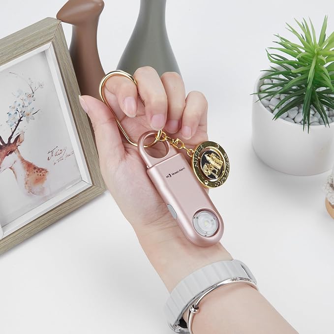 135dB Rechargeable Personal Safety Alarm Strobe Light Flashlight Keychain Siren for Women, College School Students Emergency SOS Alerts Loud Sound Torchlight Hiking Alarm Bear Deterrent. Rose Gold
