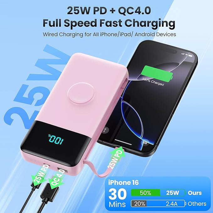 Portable Charger 40800mAh for iPhone with 2 Built-in Cable and iWatch Charger, 5-in-1 25W PD Fast Charging USB C Power Bank,QC4.0 LED Display Battery Pack for iPhone 16/15/14/13/12,Android,Apple Watch