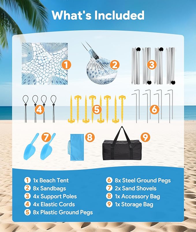Beach Tent Sun Shelter, 10 x 10 FT Beach Canopy Tent Sun Shade, UPF50+ Tents Canopy with 8 Sandbags & 4 Stability Poles, Outdoor Tents for Camping Fishing, Starfish