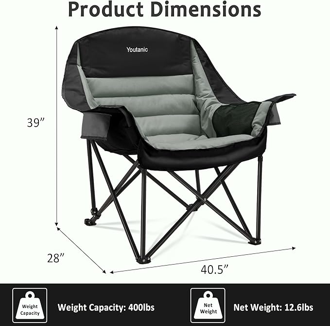 Oversized Camping Chair, Portable Folding Camping Chairs with Side Pocket, Cup Holder and Carry Bag, Heavy Duty Outdoor Camping Chairs for Adults, Fishing, Sports, Trip, up to 400lbs, Style 4
