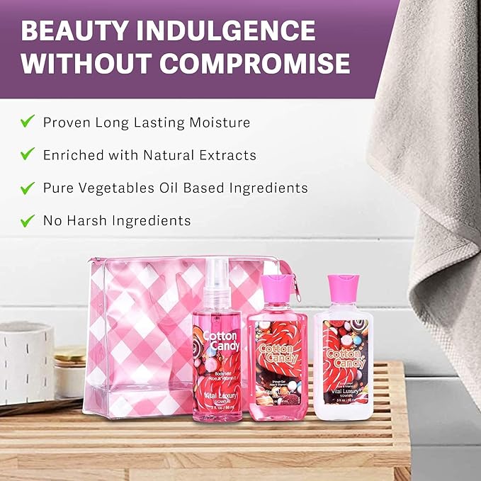 Bath and Body Gift Set, Cotton Candy Scented, 3-Piece Travel Size Collection, Shower Gel, Body Lotion, Body Mist, 3 Fl Oz Each (Cotton Candy)