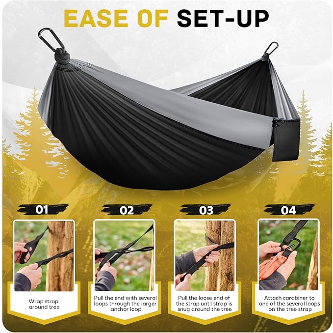 Camping Hammock Lightweight, Portable Hammocks Parachute Hammock with Two Tree Straps, Single or Double Travel Swing Nylon Camp Hammocks, Outdoor Essentials for Beach Backpacking Hiking, Orange