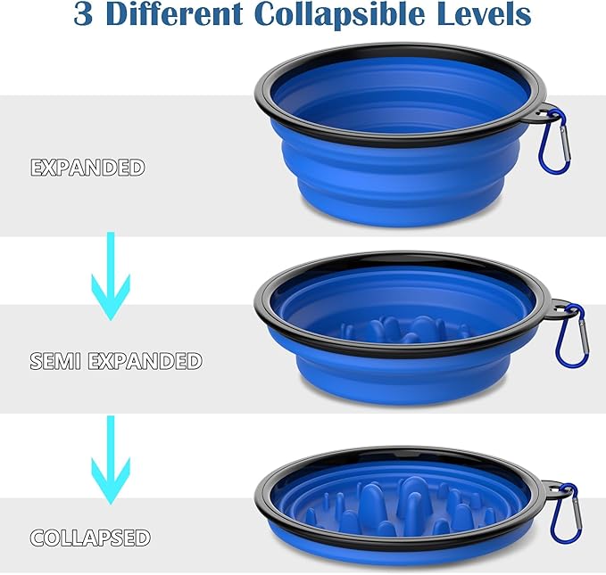 Collapsible Dog Bowls [2 Pack] 34 oz, Slow Feeder Bowl, Travel Dog Bowls Pet Portable Foldable Water Food Feeding Dishes with Carabiner Clip for Traveling Hiking Walking-Black & Blue