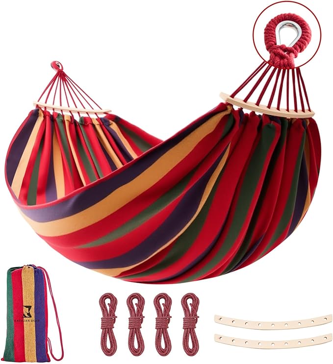 Hammock, Cotton Canvas Hammock Portable Camping Hammock with Carrying Bag Two Anti Roll Balance Beam Metal Carabiner Ropes and Tree StrapsSuit for Indoor,Yard,Camping,Outdoor-Rainbow