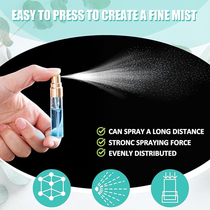 Zhehao 200 Pcs Mini Spray Bottles 5 ml Clear Glass Perfume Bottles Refillable Fine Mist Perfume Atomizer Portable Empty Sample Containers for Cleaning, Essential Oils, Travel (Gold Cap)