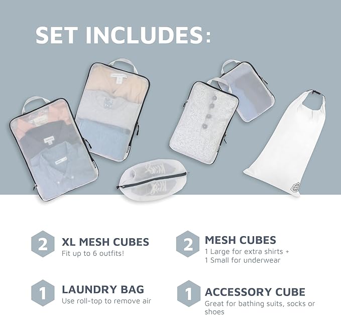 Large Packing Cube Set with See Through Mesh- Compression Packing Cubes Travel Organizers by TRIPPED Travel Gear (White)