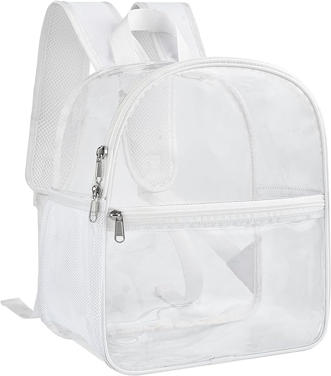 Paxiland Clear Backpack Stadium Approved 12×12×6 with Reinforced and Wider Shoulder Straps, Small Clear Bag for Schools, Concerts, Work, Festivals and Sporting Events - White