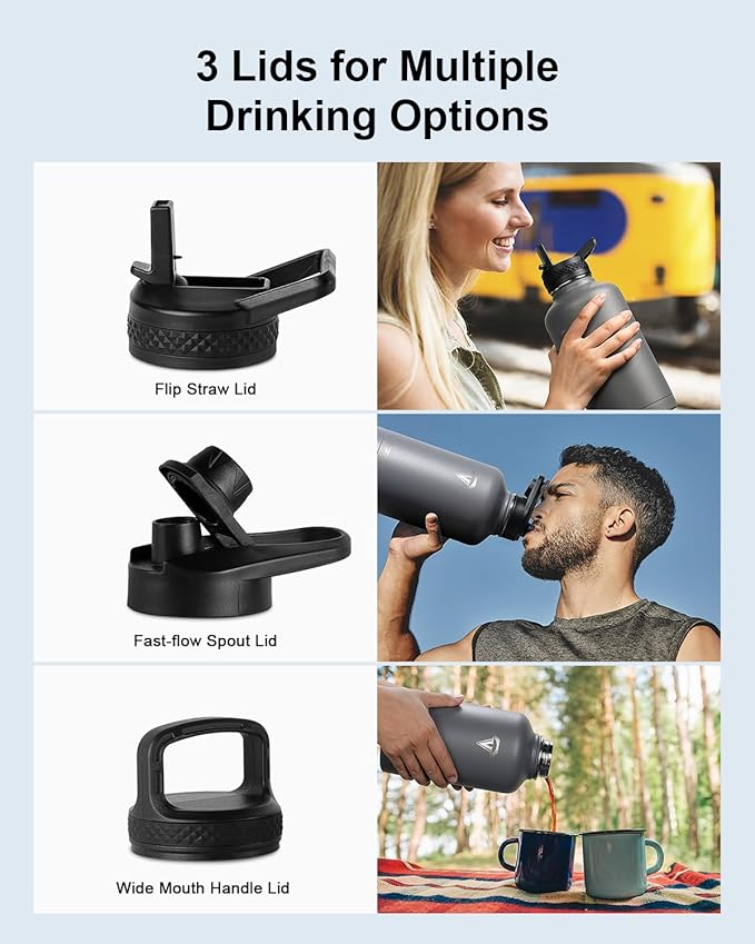 Insulated Water Bottle, 64 oz Stainless Steel Water Bottles with Straw, Leak Proof & BPA Free, Reusable Jug Thermo Flask for Outdoor Sports Gym Camping, Grey