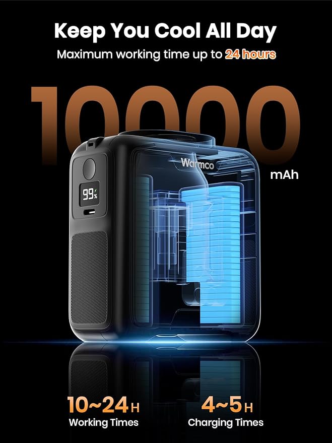 Warmco Portable Waist Fan,10000mAh Rechargeable Clip On Belt Fan with LED Light, 4 Speeds & 16000RPM Strong Airflow Wearable Neck for Camping, Outdoor, Hiking