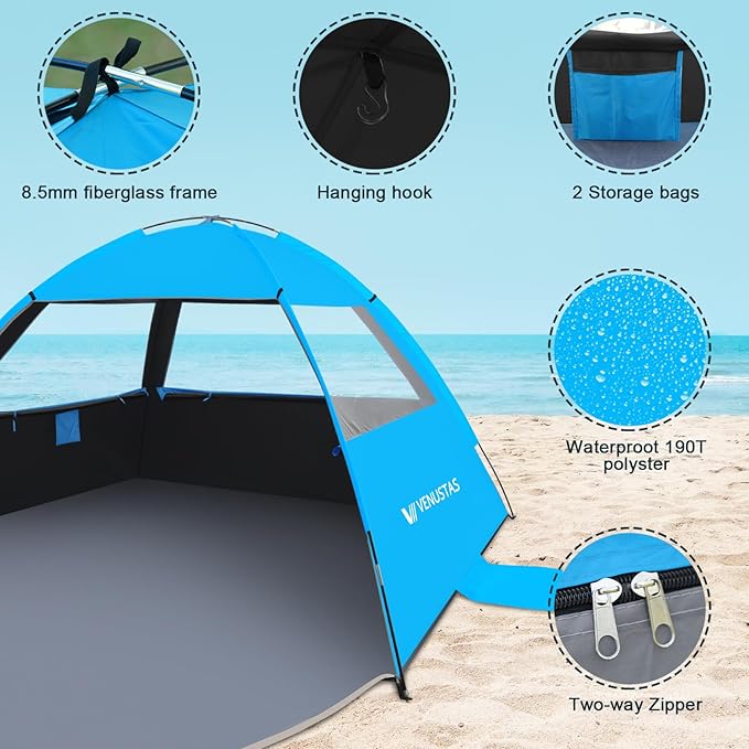Venustas Beach Tent Sun Shelter for 3/4-5/6-7/8-10 Person, UPF 50+ UV Protection Beach Canopy, Lightweight and Easy Setup Cabana, Portable Shade Tent