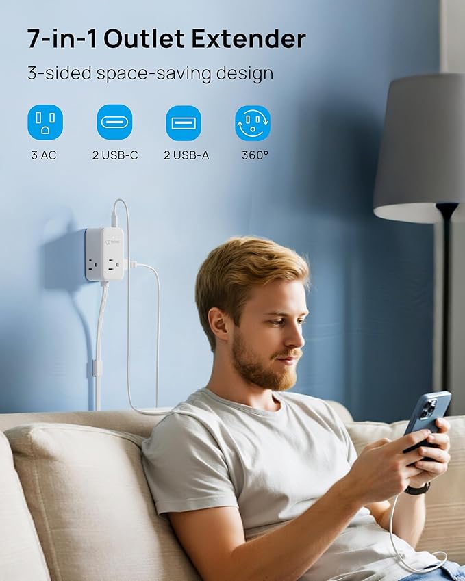 TROND Electrical Outlet Extender 360° Rotating Plug with 20W USB C, 6ft Short Extension Cord, Wall Plug Adapter with 3 AC Outlets, Access Hard-to-Reach Outlets Use Behind Couches, Desk, White
