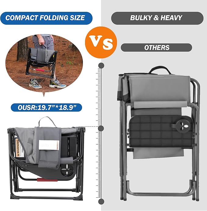 Oversized Directors Chairs Heavy Duty Folding Outdoor Chairs with Detachable Side Pocket and Adjustable Side Table for Outside,Lawn,Fishing, Folding Camping Chair up to 350Lbs Capacity (Grey)