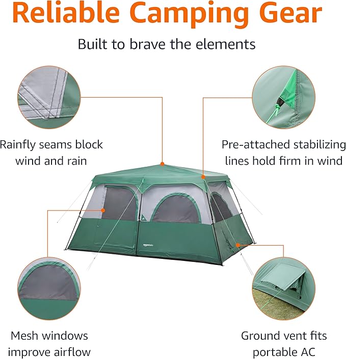 Amazon Basics Instant Camping Tent with Rainfly, Weather-Resistant, Quick Setup