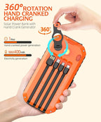 QiSa Solar Charger Power Bank 40000mAh Built in 4 Cables and Hand Crank, Portable Charger 22.5W Fast Charger 6 Outputs & 4 Inputs External Battery Pack with Bright Flashlight and Compass