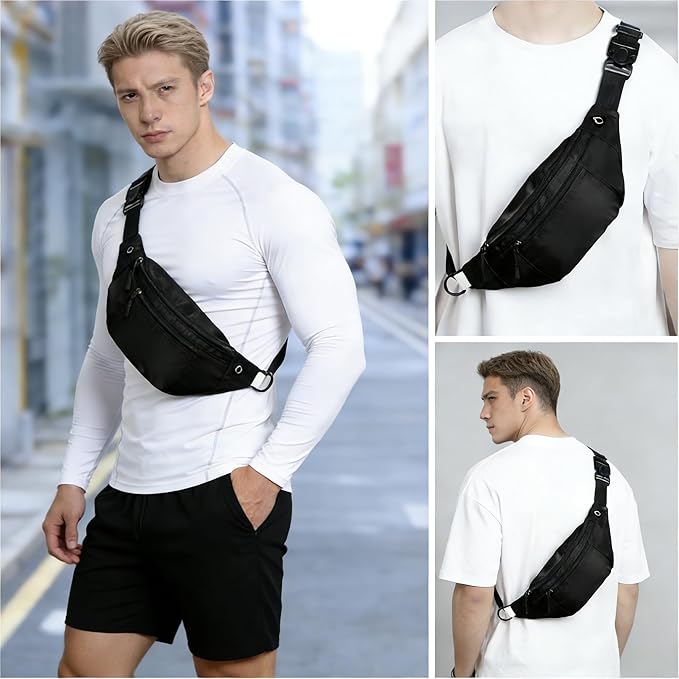 10PCS Crossbody Fanny Pack Bulk,Large Capacity Waist Bag with 4-Zipper Pockets Adjustable Strap Fanny Packs Waterproof Oxford Cloth Travel Belt Bag for Outdoor Shopping Travel Men Women,Black