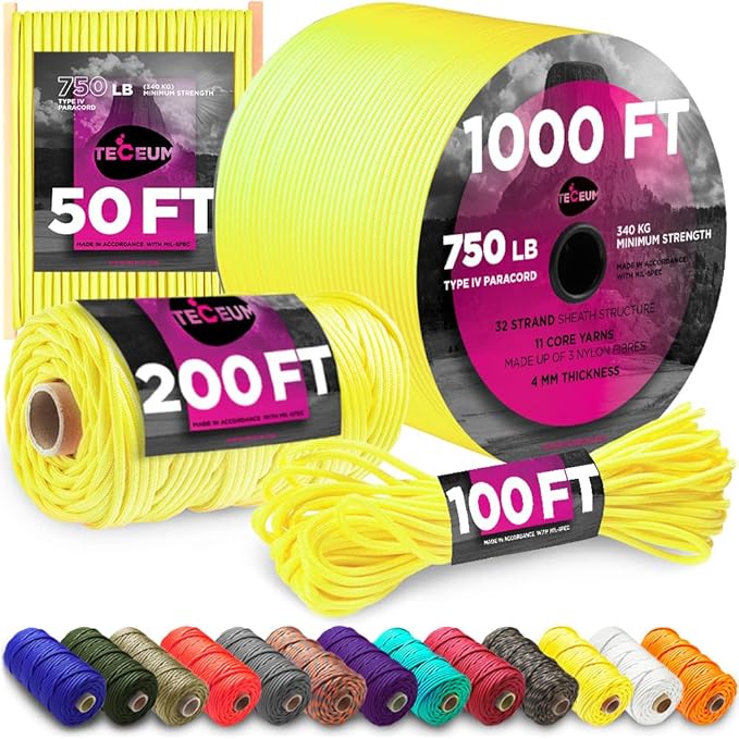 TECEUM 5/32" Paracord Rope 1000 – 1000ft / 200ft / 100ft / 50ft – Tactical Parachute Cord 4mm – 45+ Colors – Nylon String for Survival & Camping Gear – Stripe Cord for Survival – Utility Rope