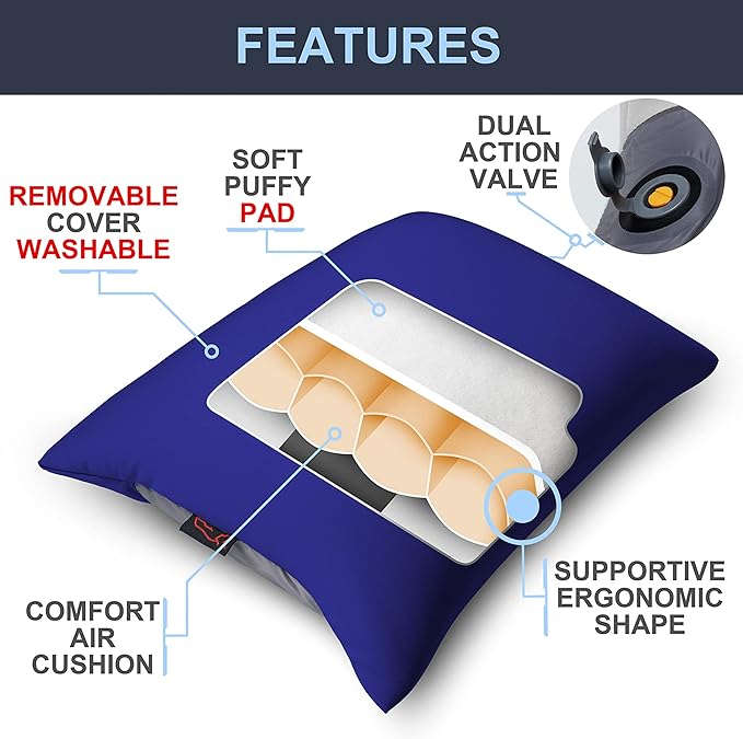 X-Foam Inflatable Camping Pillow Lite with Removable Foaming Cover | Comfortable, Washable Ultralight Portable with Neck Lumbar Support | Backpacking, Hiking, Travel, Air | Small (Ocean Blue)