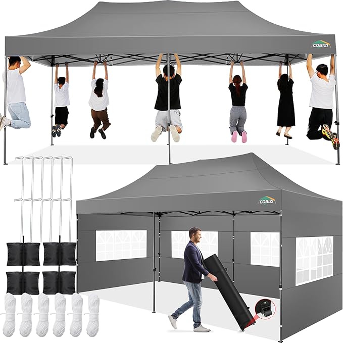 COBIZI 10x20 Pop up Canopy Tent 10x20 Canopy with 6 Sidewalls Waterproof Heavy Duty Commercial Tent for Parties Outdoor Garden Gazebo, Carry Bag with Wheel(10x20ft, Gray)