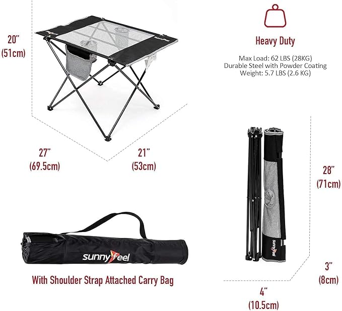 SUNNYFEEL Outdoor Folding Table | Lightweight Mesh Compact Camping Table, Roll Up Top 2 People Portable Camp Tables with Carry Bag for Picnic/Cooking/Beach/Travel/BBQ