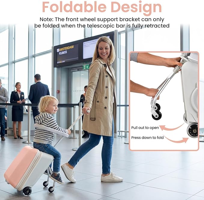 Kids Ride On Suitcase 20” Ride On Luggage with Expandable Zipper & Wheel Brake Ergonomic Seat & 110 Lbs Weight Capacity for Kids 3+ Pink