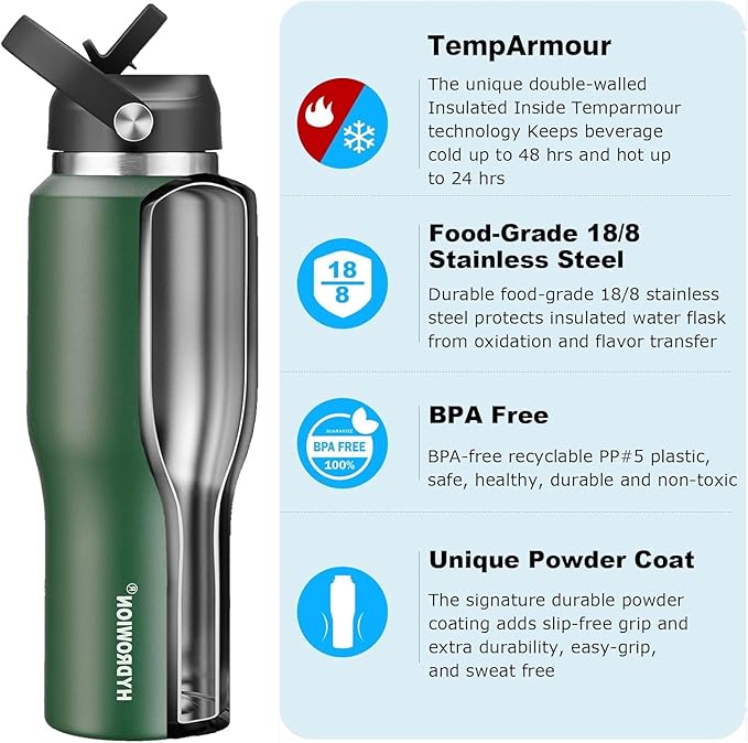 40 oz Insulated Water Bottle with Straw fit in Car Cup Holder(Cold 48 hrs, Hot 24 hrs) Drinking Bottle with Straw Lid, Spout Lid and Flex Cap Leakproof Travel Thermo Mug，Olive