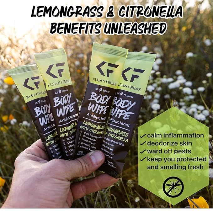 Body Cleansing Wipes - Individual Shower Wipes | Travel, Gym, Camping Wet Wipes for Women & Men | Refreshing No Rinse | Natural Bug Deterrent & Wipe In One | Lemongrass Citronella 12 Pack