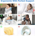 Travel Neck Pillow - Pain Relief & Comfortable Sleep on Cars, Trains & Planes - Memory Foam Advanced Neck Support for Long Flights, Eye Mask, Earplugs & Storage Bag