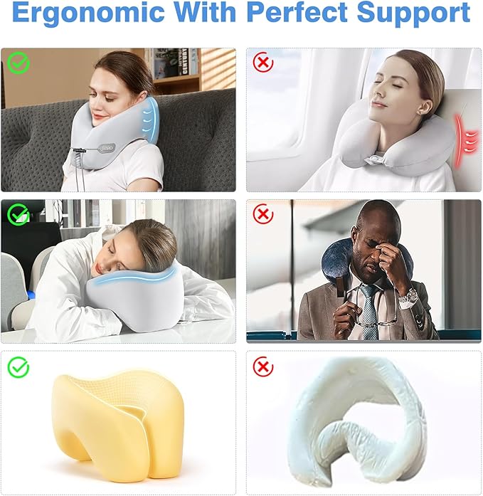 Travel Neck Pillow - Pain Relief & Comfortable Sleep on Cars, Trains & Planes - Memory Foam Advanced Neck Support for Long Flights, Eye Mask, Earplugs & Storage Bag