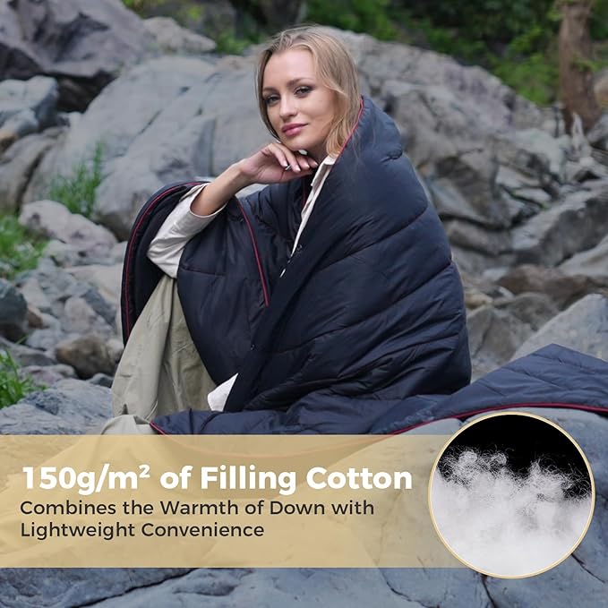 KingCamp Ultralight Camping Blanket, Packable Down Alternative Puffy Wearable Blankets Weatherproof Warm Package Quilt with Snap Buttons & Corner Loops for Outdoor Travel Stadium (69"L x 53"W, BLACK)