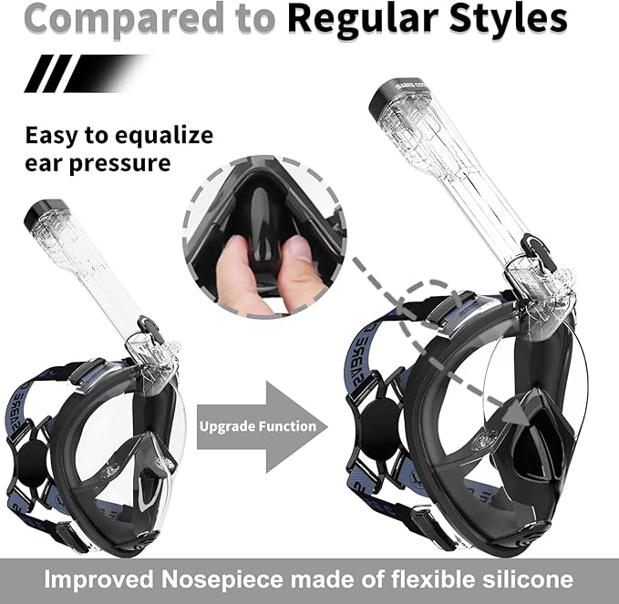Full Face Snorkel Mask Adults with Ear Pressure Equalizer, Fully Enclosed CO2 Outflow, Silicone Bonding Anti-Leak&Fog,Buckle Folding for Portability