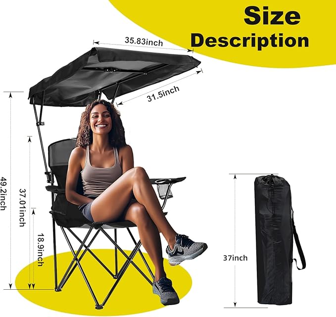 YOUNG WOOD Portable Camping Chair Beach Chair with Shade Canopy, Fold Lightweight Oversized for All, Easy to Open and Close Without Installation, Side Pocket Design for All Outdoor Activities,Black,2p