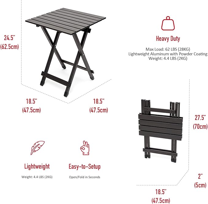 SUNNYFEEL Folding Camping Table - Lightweight Aluminum Portable Picnic Table, 18.5x18.5x24.5 Inch for Cooking, Beach, Hiking, Travel, Fishing, BBQ, Indoor Outdoor Small Foldable Camp Tables