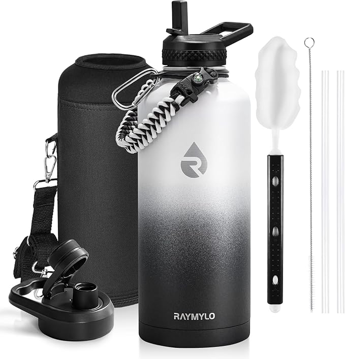 Insulated Water Bottle 87 oz, Triple Wall Vacuum Stainless Steel (Cold for 48 Hrs), Leak Proof & Non-BPA, Modern Water Flask Jug with Paracord Handle & Straw Spout Lids, Ombre: White/Black