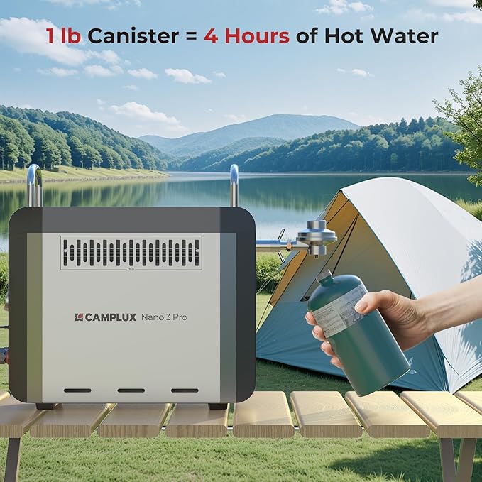 CAMPLUX Nano 3 Pro, Battery Powered Portable Water Heater, 1 lb On-Demand Propane Camping Shower, On Ground Camp Water Heater & Shower Pump