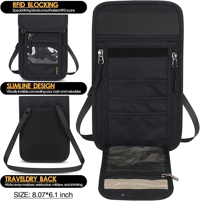 Travel Neck Wallet RFID Blocking – Hidden Passport Holder & Anti-Theft Money Pouch for Men & Women, Lightweight Concealed Undergarment Organizer with Adjustable Strap, Secure Document Holder