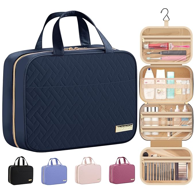 HOTOR Travel Toiletry Bag w/Hanging Hook - Spacious Toiletry Bag Essentials for Women & Men, Makeup Bag/Big Comparment, Waterproof for Travel Accessories, Medium, Navy Blue